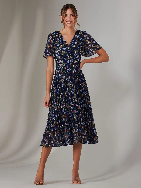 Midi dresses with embroidered accents for a unique and detailed design Chiffon Pleated Wrap Midaxi Dress, Navy Blue Multi Midi dresses with embroidered accents for a unique and detailed design Chiffon Pleated Wrap Midaxi Dress, Navy Blue Multi