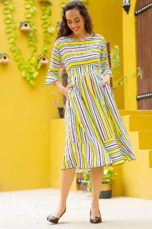 Maternity dress for a baby's first visit to the rose garden Flattering Yellow Stripe Ruffle Maternity & Nursing Dress