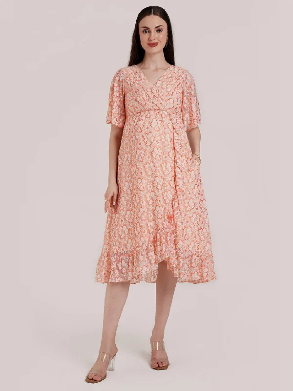 Maternity dress for a garden party Peach Maternity Wrap Dress
