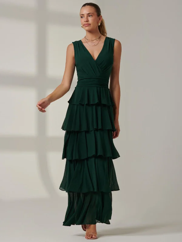 Sleeveless midi dresses with lace details for summer weddings Plain Tiered Mesh Maxi Dress, Dark Green Sleeveless midi dresses with lace details for summer weddings Plain Tiered Mesh Maxi Dress, Dark Green