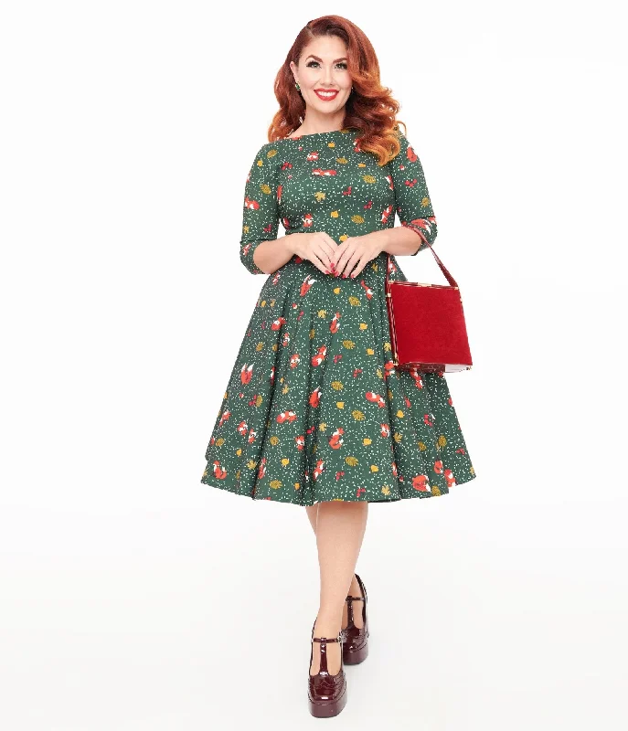 Everyday Dress with Convertible Design for Multiple Looks​ Unique Vintage 1950s Green Winter Fox Devon Swing Dress