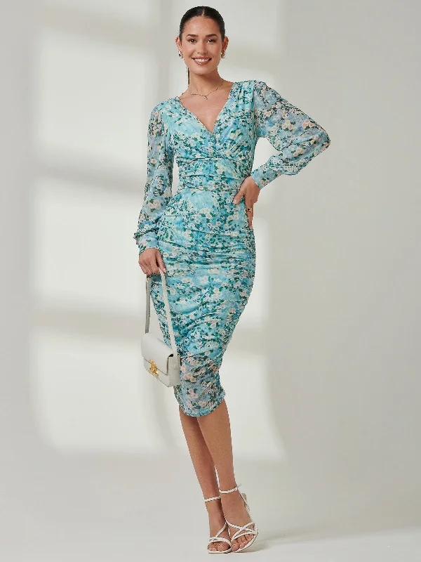 Midi dresses with ruched sleeves for a more fitted and stylish arm look Long Sleeve Ruched Mesh Midi Dress, Green Floral Midi dresses with ruched sleeves for a more fitted and stylish arm look Long Sleeve Ruched Mesh Midi Dress, Green Floral