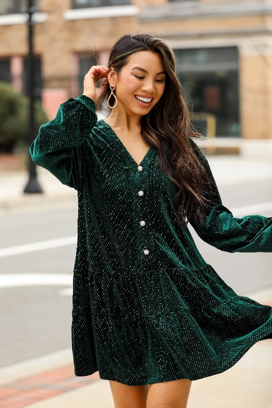 Mini dresses with asymmetric hems for a fashion - forward look Party Starts Now Hunter Green Velvet Mini Dress