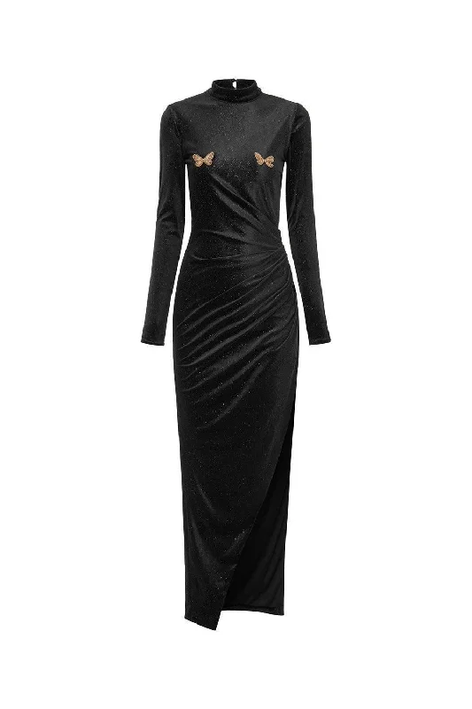 Midi dresses with embroidered accents for a unique and detailed design Maren Asymmetric Slit Hem Velvet Midi Dress Midi dresses with embroidered accents for a unique and detailed design Maren Asymmetric Slit Hem Velvet Midi Dress