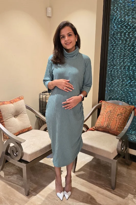 V neck maternity bodycon dress for photoshoot Refined Dusty Teal Ribbed Maternity Fitted Winter Dress
