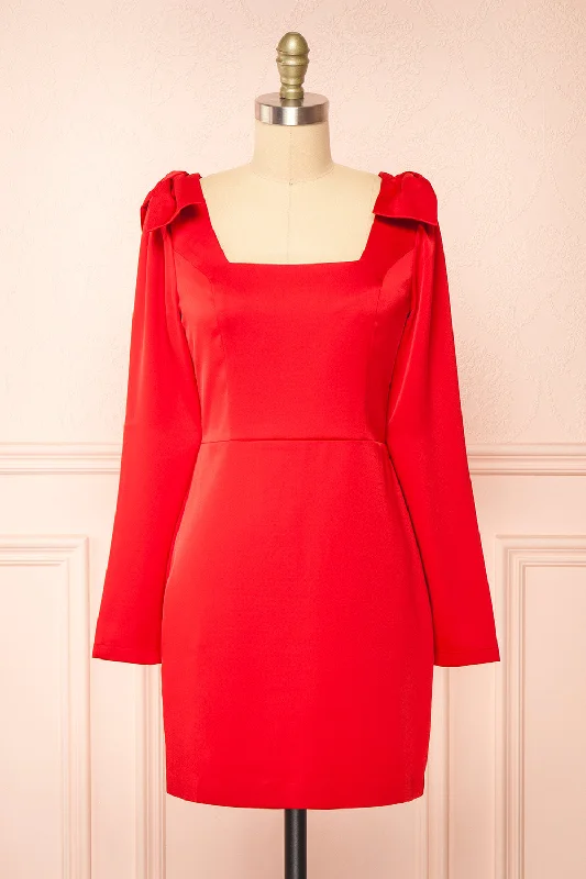 Mini dresses with cut - out details for a trendy look Isalie | Short Silky Red Dress w/ Bows