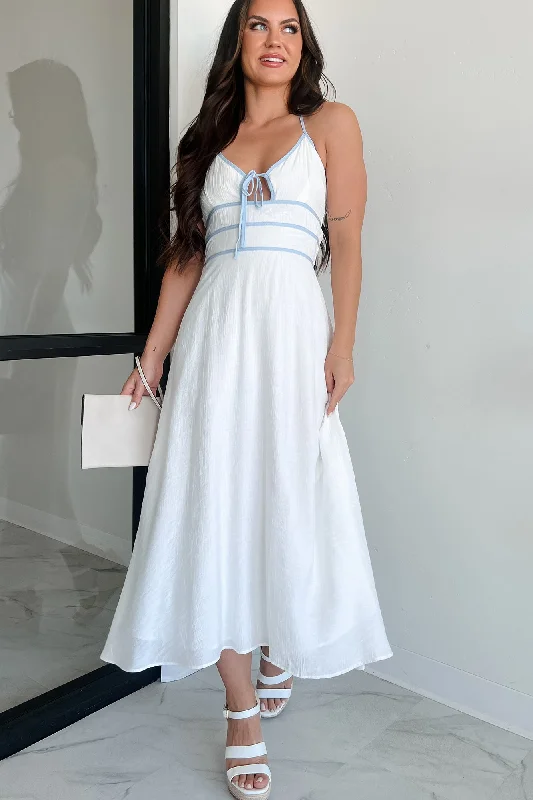 Bamboo - Fiber Casual Dresses for an Eco - Friendly Option​ Seaside Symphony Halter Midi Dress (White/Blue)
