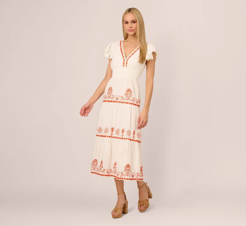 Everyday Dress with Printed Bodice for a Statement Look​ Embroidered Flutter Sleeve Tiered Midi Dress In Ivory Red Multi