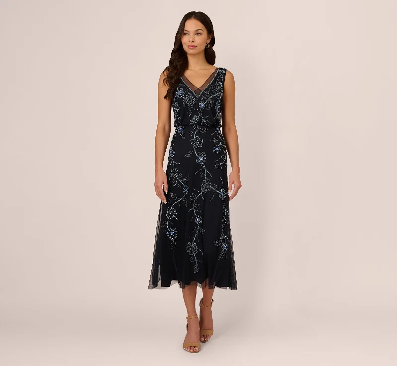 Midi dresses with abstract art prints for an artistic statement Sleeveless Beaded Blouson Midi Dress In Midnight Multi Midi dresses with abstract art prints for an artistic statement Sleeveless Beaded Blouson Midi Dress In Midnight Multi