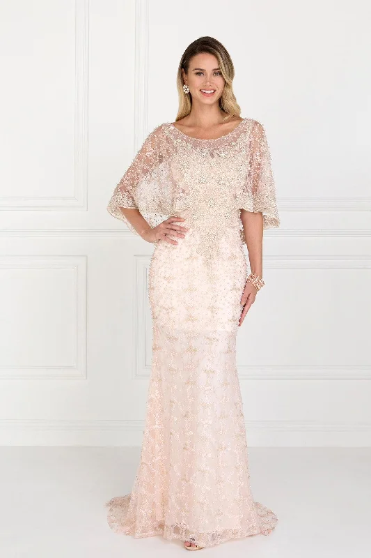 Silk wedding dresses with a smooth and luxurious feel​ Long Plus Size Cape Sleeve Formal Prom Gown