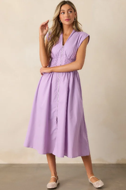 Travel - Friendly Casual Dresses for Comfort on the Go​ The Evette Lavender Zip Front Midi Dress