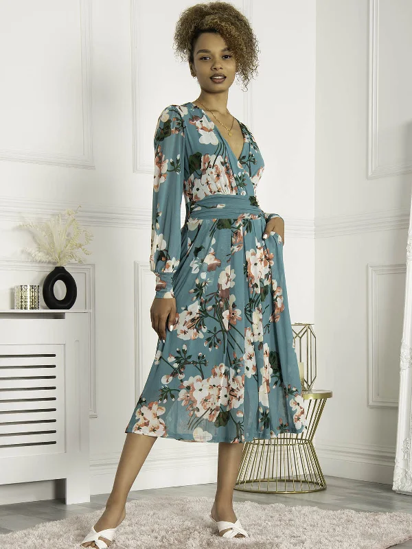 A - line midi dresses with floral prints for spring brunches Jolie Moi Jasmine Long Sleeve Mesh Dress, Green Floral A - line midi dresses with floral prints for spring brunches Jolie Moi Jasmine Long Sleeve Mesh Dress, Green Floral
