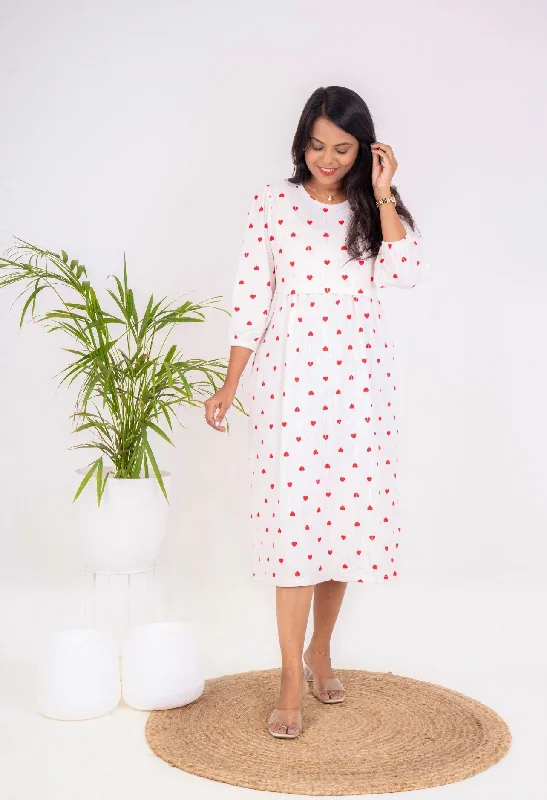 Maternity dress for a baby's first birthday party Midi White Heart thick Waffle Dress