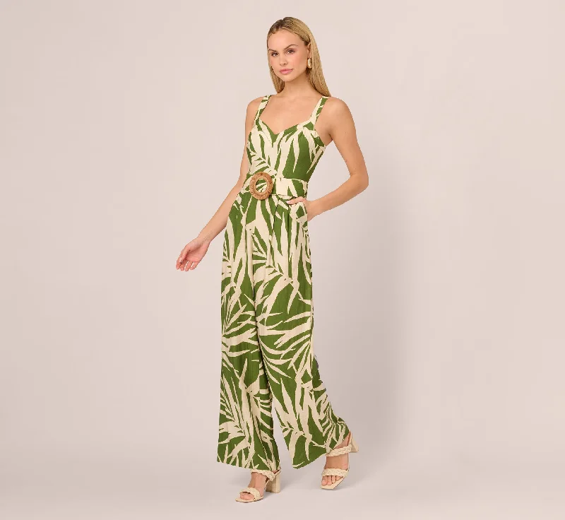 Everyday Dress with Spaghetti Straps for a Delicate Look​ Sleeveless Palm Leaf Wide Leg Jumpsuit In Green Ivory