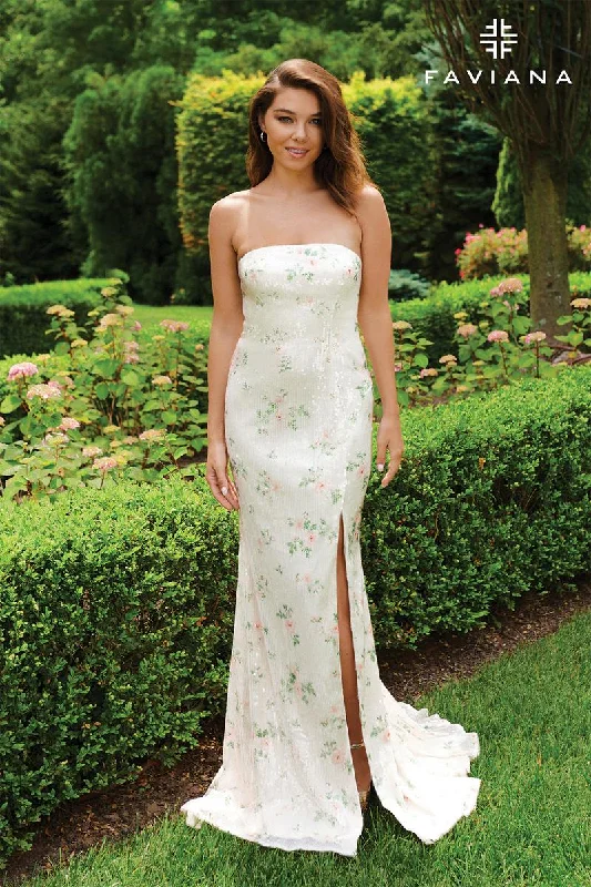 Sheer mini dresses with lace inserts Faviana Strapless Floral Long Prom Dress 11222