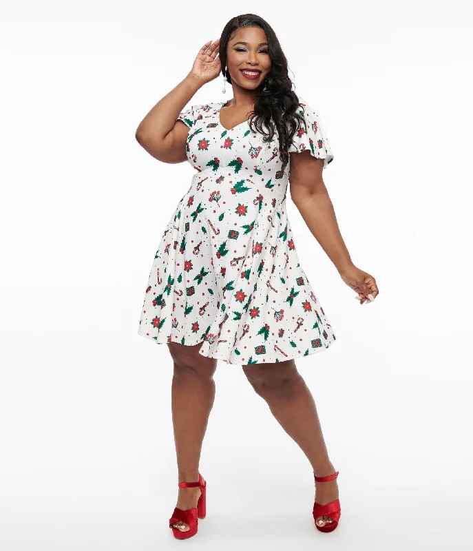 Everyday Dress with Keyhole Back for a Stylish Detail​ Unique Vintage Plus Size 1950s Ivory Christmas Print Poppy Flare Dress