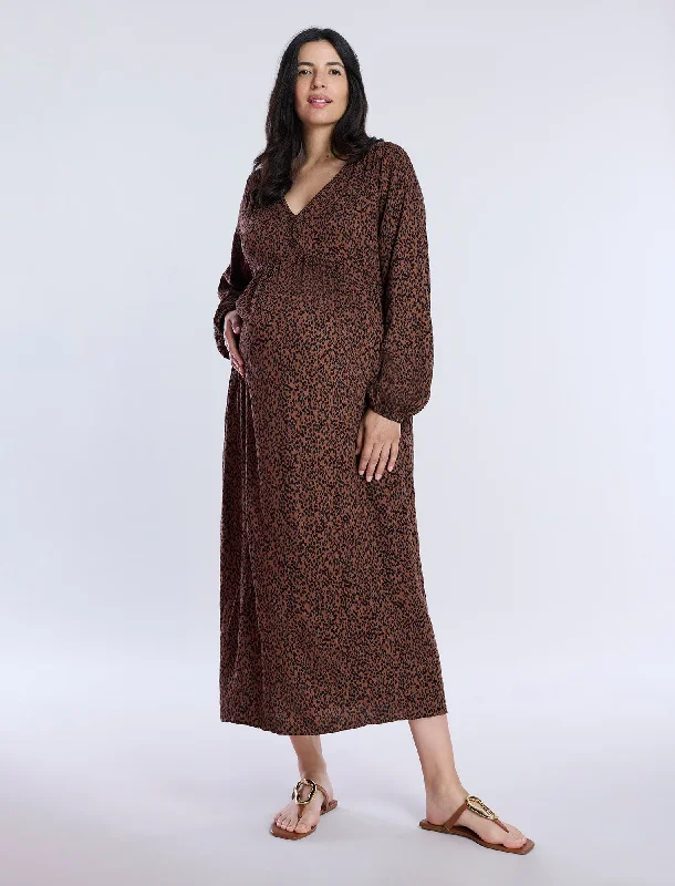 Maternity dress for a baby's first visit to the farm Long Sleeve Button Front Midi Dress