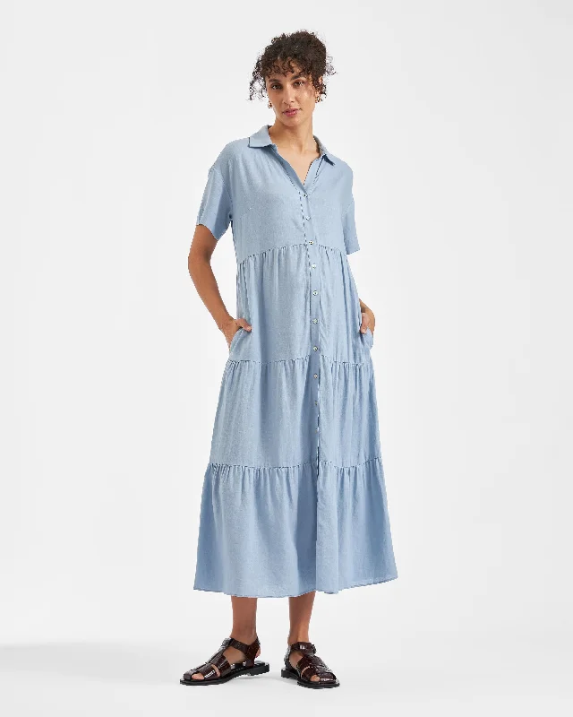 Maternity lace dress for a romantic look Macy Longline Linen Dress Pale Blue