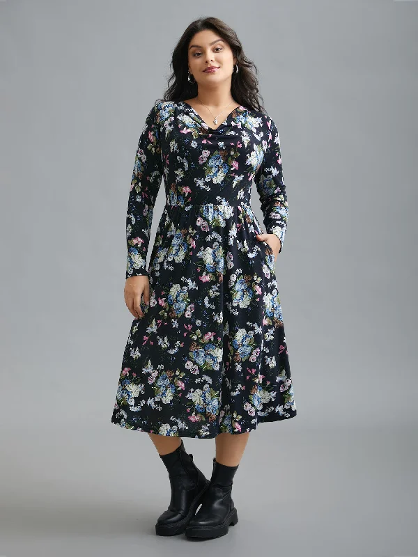Everyday Long - sleeved Dress with Cuffed Sleeves for Winter​ Super Soft Cowl Neck Knit Floral Dress
