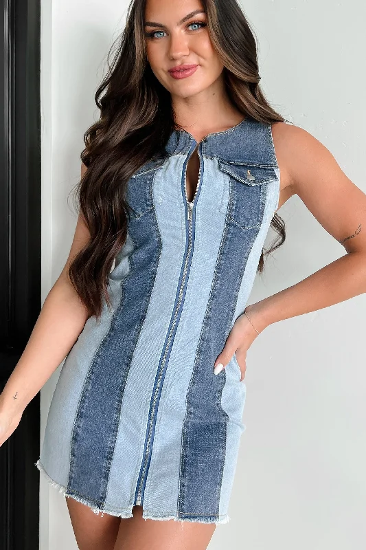 Post - Partum Casual Dresses for New Moms​ When In Doubt Colorblock Denim Mini Dress (Denim Combo)