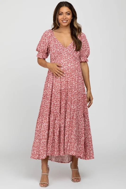 Maternity dress with side ruching to accommodate bump Pink Floral Floral V-Neck Ruffle Sleeve Maternity Midi Dress