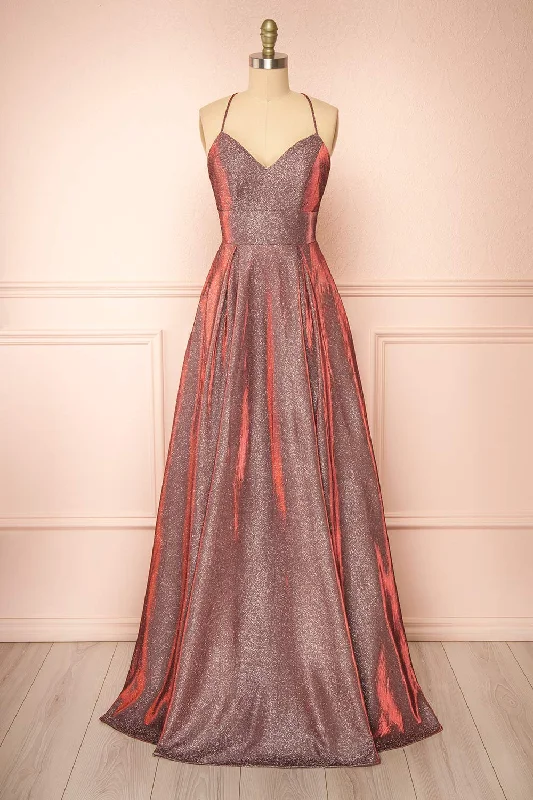 Mini dresses with halter necks for a stylish choice Darya Burgundy | Sparkly Maxi Dress w/ Open Back