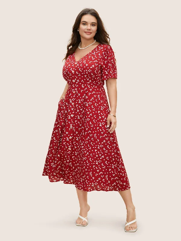  Ditsy Floral Button Detail Elastic Waist Midi Dress