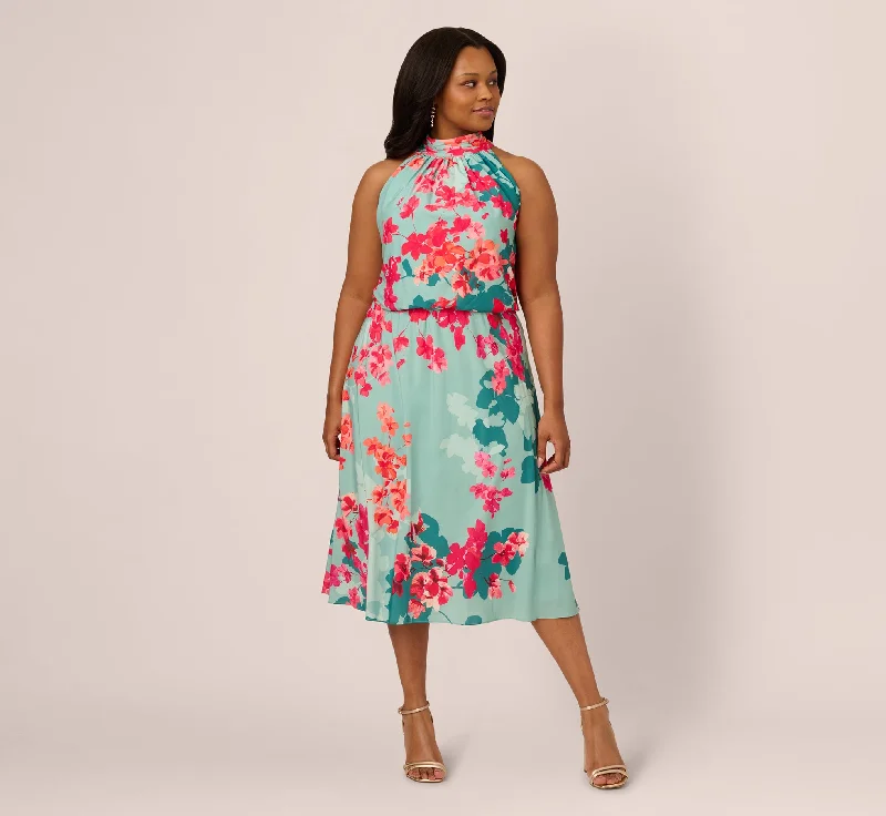 Everyday Dress with Pleated Skirt for a Feminine Touch​ Plus Size Floral Chiffon Midi Halter Dress In Turquoise Multi