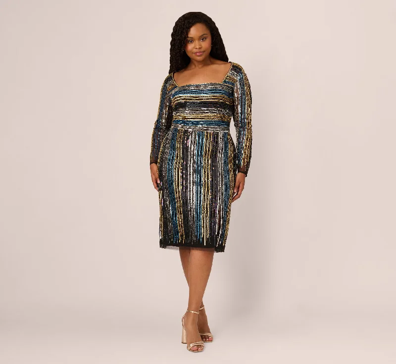Midi dresses with gathered skirts for a full and flowing silhouette Plus Size Sequin Beaded Sheath Dress With Sheer Long Sleeves In Black Blue Multi Midi dresses with gathered skirts for a full and flowing silhouette Plus Size Sequin Beaded Sheath Dress With Sheer Long Sleeves In Black Blue Multi