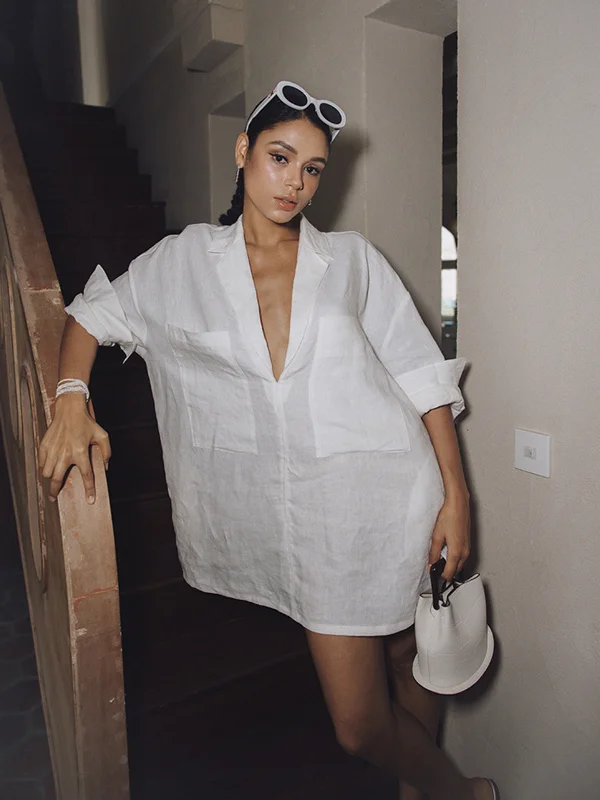 DIY - Inspired Casual Dresses with Customizable Elements​ Linen Pockets Semi-Sheer Long Sleeve Dress