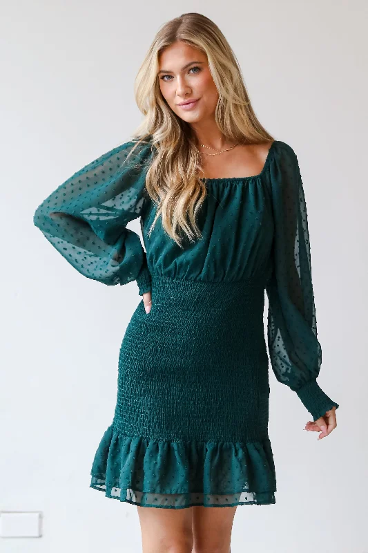 Mini dresses with criss - cross backs for a flirty look FINAL SALE - Dance The Night Away Hunter Green Smocked Swiss Dot Mini Dress Mini dresses with criss - cross backs for a flirty look FINAL SALE - Dance The Night Away Hunter Green Smocked Swiss Dot Mini Dress