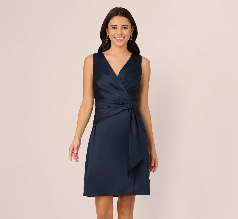  Sleeveless Satin Draped Short Dress In Dark Navy