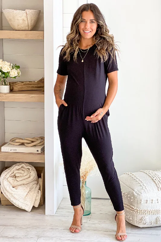 Maternity dress for a tea party Black Maternity Jumpsuit With Pockets And Short Sleeves