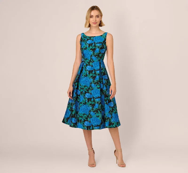 Midi dresses with satin - finish fabrics for a luxurious feel Boat Neck Jacquard Midi Dress In Blue Green