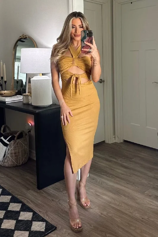 Work - from - Home Casual Dresses for Comfort and Style​ Dance the Blues Away Midi Dress: Mustard