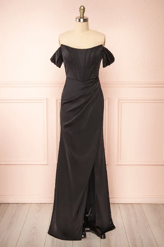 Linen mini dresses for a breathable summer option Namie Black | Corset Maxi Dress w/ Removable Straps