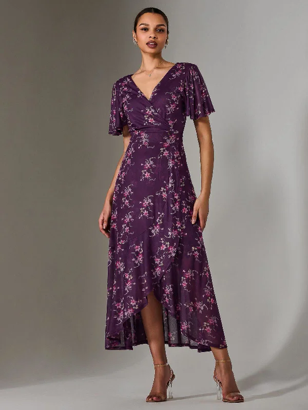 Velvet midi dresses in jewel tones for a glamorous winter event Wrap Midaxi Dress, Purple Floral Velvet midi dresses in jewel tones for a glamorous winter event Wrap Midaxi Dress, Purple Floral