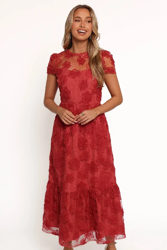 Midi dresses with pom - pom trims for a playful and festive look Abbey Midi Dress - Wine Midi dresses with pom - pom trims for a playful and festive look Abbey Midi Dress - Wine