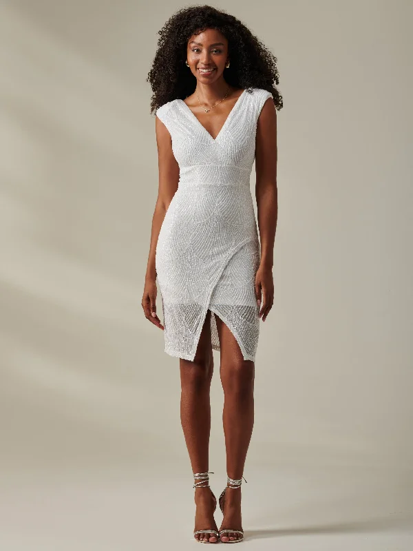 Midi dresses with one - shoulder designs for a modern and asymmetric style Demi Sequin Wrap Slit Bodycon Dress, White Midi dresses with one - shoulder designs for a modern and asymmetric style Demi Sequin Wrap Slit Bodycon Dress, White