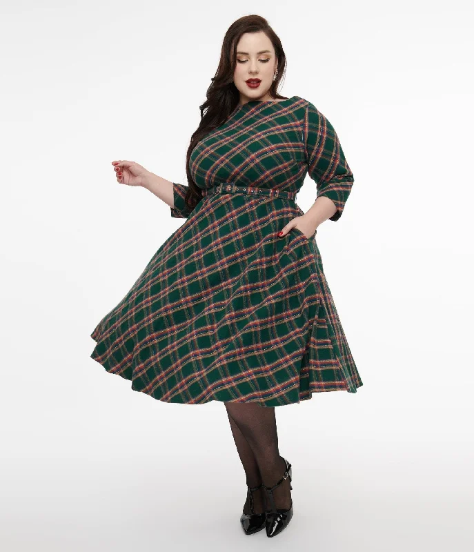 Everyday Dress with Bell Sleeves for a Dramatic Look​ Unique Vintage Plus Size 1950s Green & Tan Plaid Devon Swing Dress