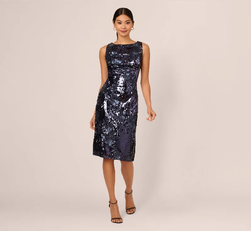 Midi dresses with pleated bodices for a classic and tailored look Sequin Sheath Dress In Navy Midi dresses with pleated bodices for a classic and tailored look Sequin Sheath Dress In Navy