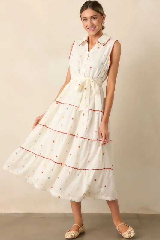 Off - Shoulder Casual Dresses for a Feminine Touch​ Sunlit Soirée Ivory Floral Collared Maxi Dress