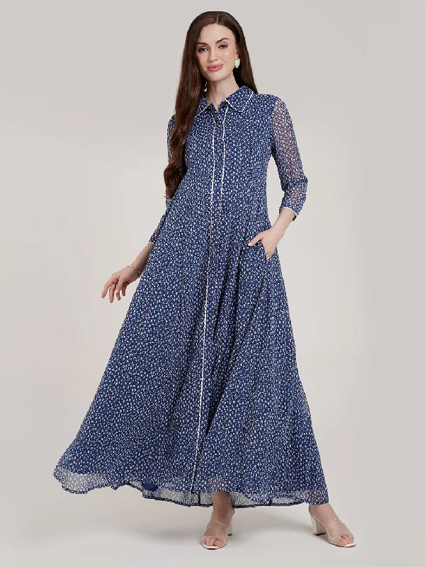 Nursing friendly maternity dress for breastfeeding Blue Polka Maternity Maxi Dress