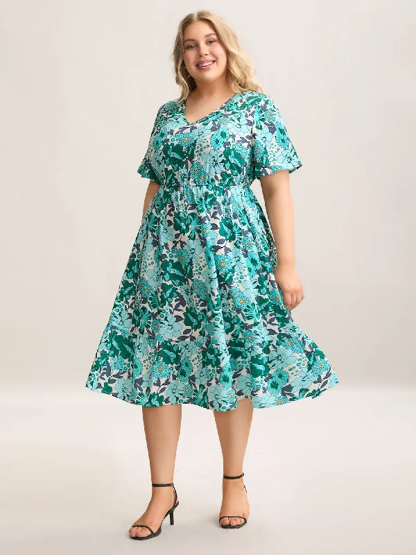  Floral Print V-Neck Pockets Midi Dress