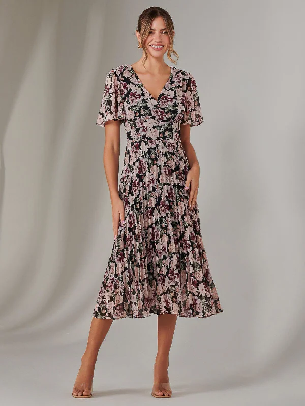 Midi dresses with button - front designs for a classic touch Chiffon Pleated Wrap Midaxi Dress, Black Floral Midi dresses with button - front designs for a classic touch Chiffon Pleated Wrap Midaxi Dress, Black Floral