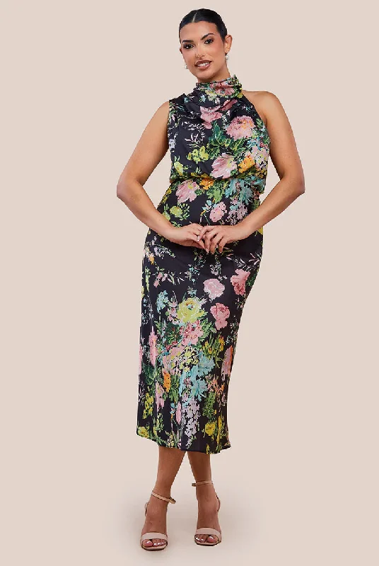 Midi dresses with ribbed textures for a unique and tactile appearance Urban Touch Ruched Asymmetric High Neck Satin Midi Dress Midi dresses with ribbed textures for a unique and tactile appearance Urban Touch Ruched Asymmetric High Neck Satin Midi Dress