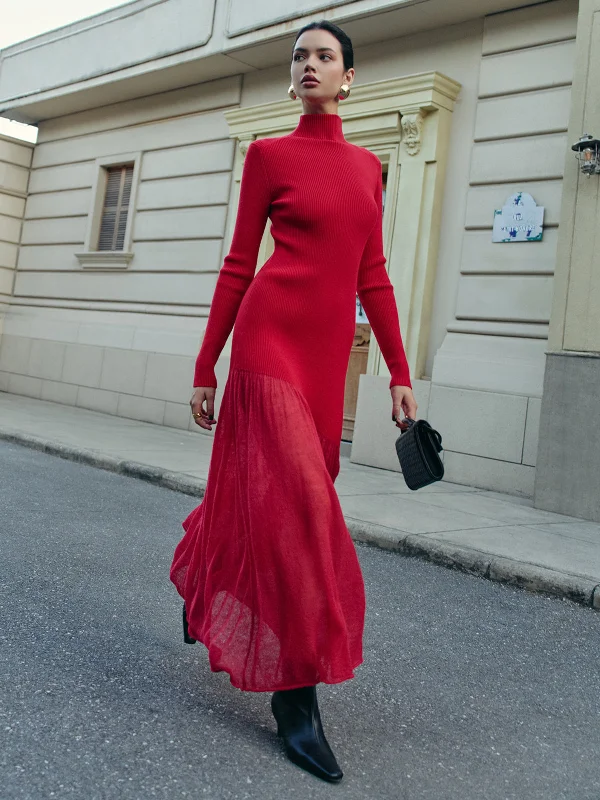Cable - Knit Casual Dresses for a Traditional Style​ Mock Neck  Pleated Panel Sweater Dress