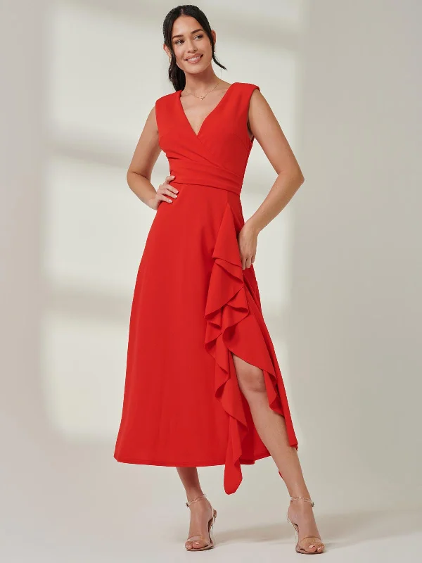 A - line midi dresses with floral prints for spring brunches Wrap Front Frill Detail Maxi Dress, Red