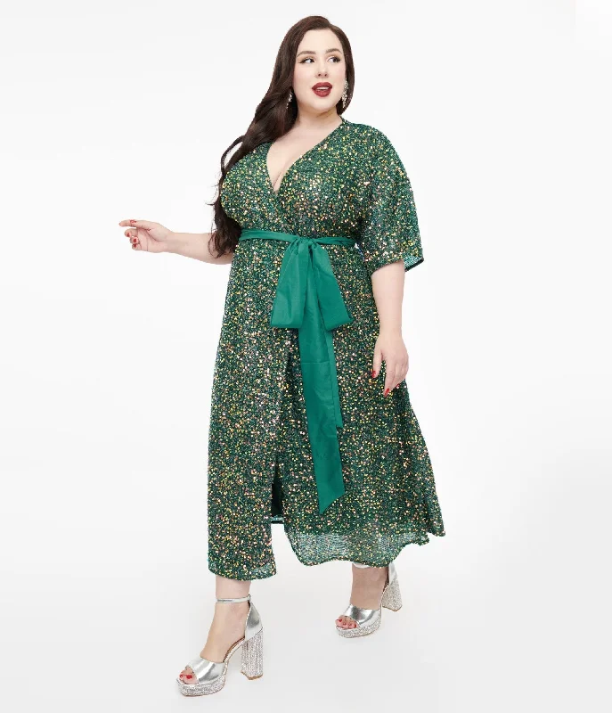  Unique Vintage Plus Size 1960s Green Sequin Wrap Midi Dress