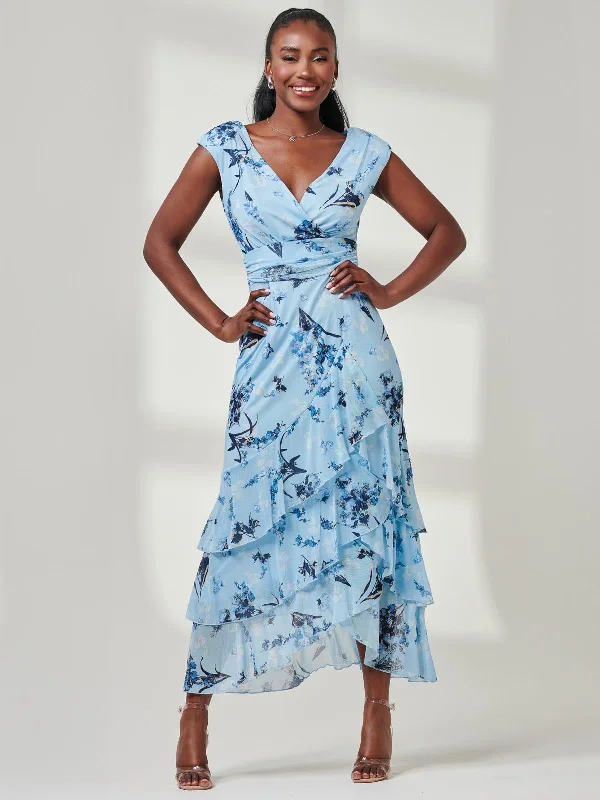 Sheath midi dresses with beaded embellishments for a formal occasion Yuri Mesh Frill Hem Maxi Dress, Blue Multi